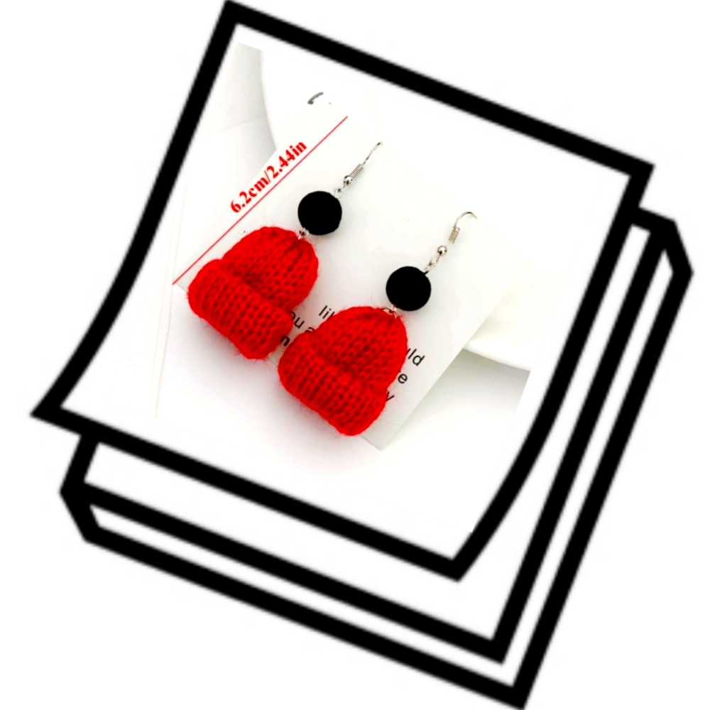Women's Red & Black Wool Hat Dangle Earrings